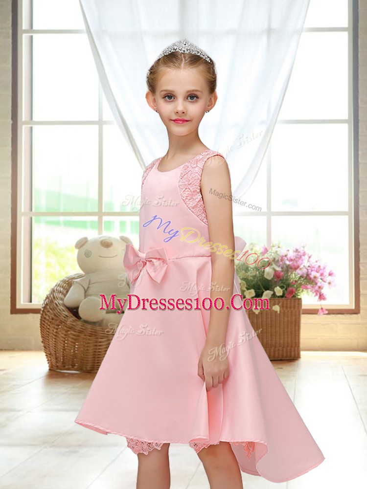 Sleeveless Zipper High Low Lace and Bowknot Toddler Flower Girl Dress