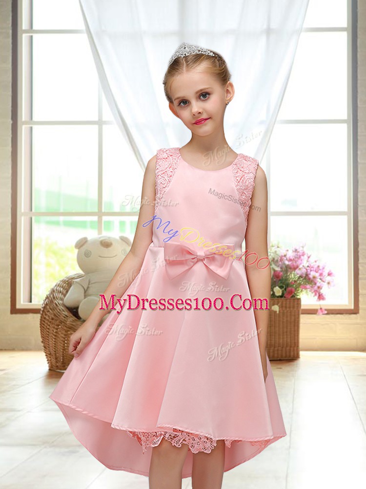 Sleeveless Zipper High Low Lace and Bowknot Toddler Flower Girl Dress