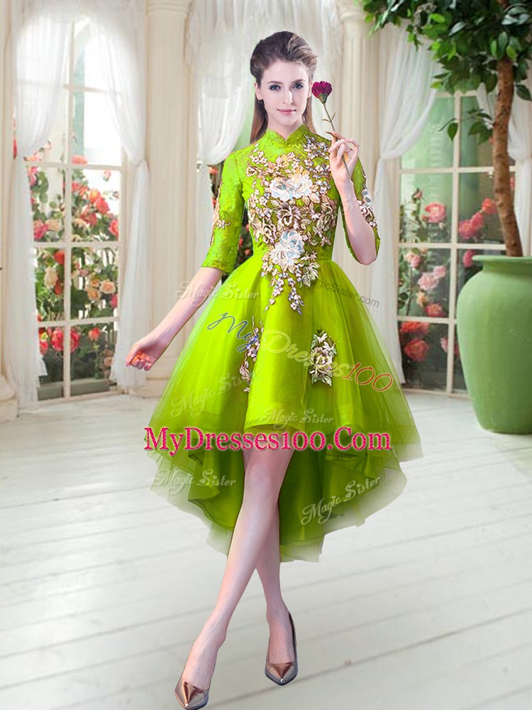 Stylish High Low A-line Half Sleeves Yellow Green Evening Dress Zipper
