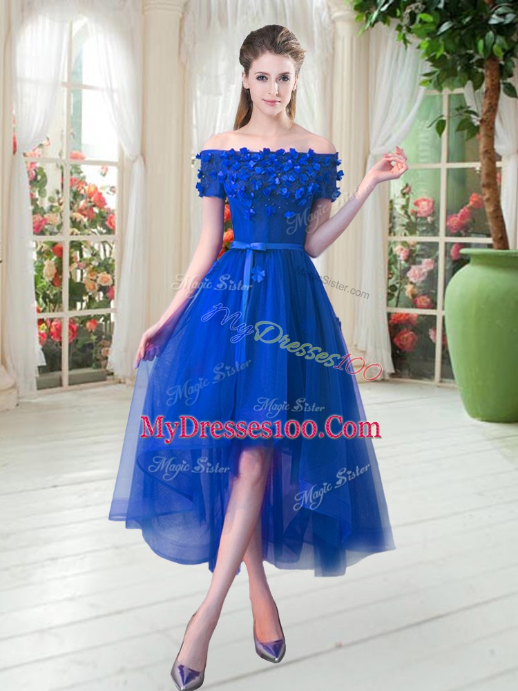 Stunning Royal Blue Short Sleeves Tulle Lace Up Prom Party Dress for Prom and Party