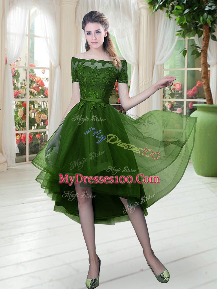 New Style Lace Homecoming Dress Green Lace Up Short Sleeves High Low