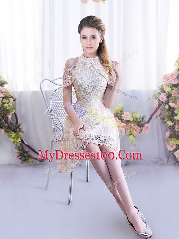 Fitting Empire Quinceanera Dama Dress Champagne High-neck Sleeveless Mini Length Lace Up