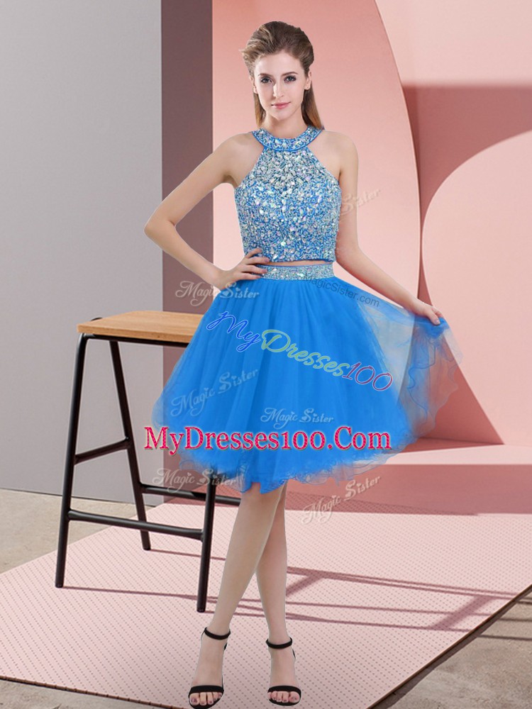 High Quality Blue Sleeveless Beading Knee Length Evening Gowns