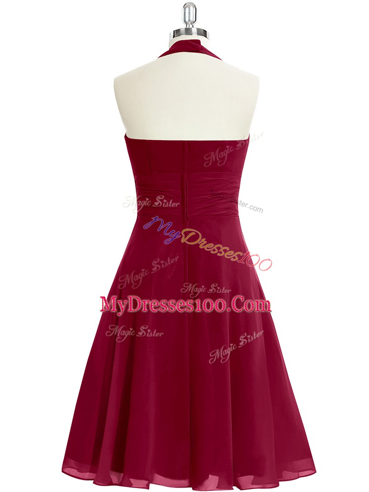 Wine Red A-line Chiffon Halter Top Sleeveless Ruching Knee Length Zipper Prom Party Dress