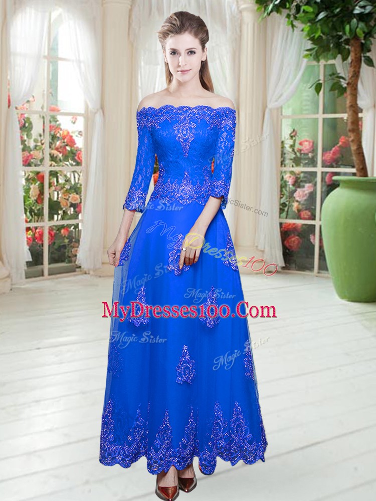 Royal Blue A-line Off The Shoulder 3 4 Length Sleeve Tulle Floor Length Lace Up Lace Dress for Prom
