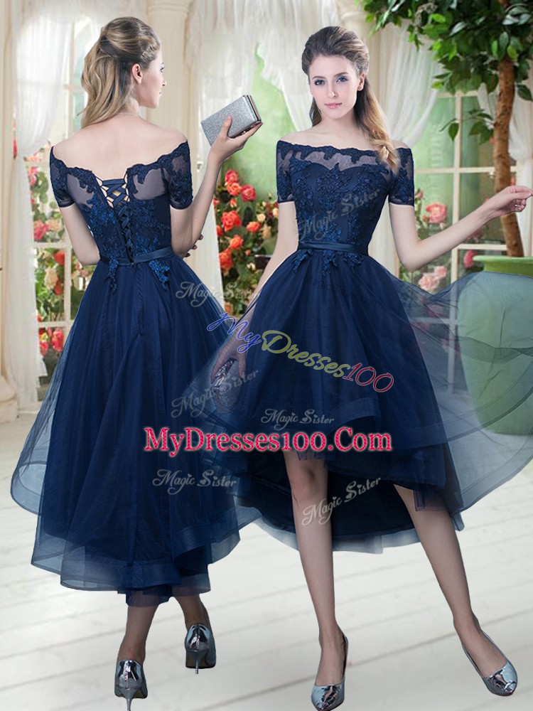Edgy High Low A-line Short Sleeves Navy Blue Prom Party Dress Lace Up