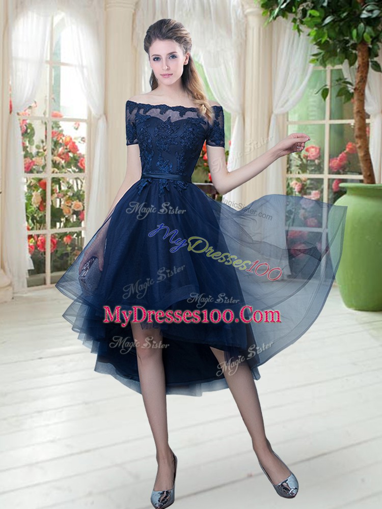 Edgy High Low A-line Short Sleeves Navy Blue Prom Party Dress Lace Up