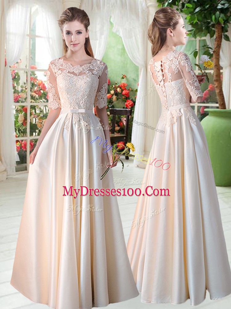 Scalloped Half Sleeves Satin Prom Evening Gown Lace Lace Up