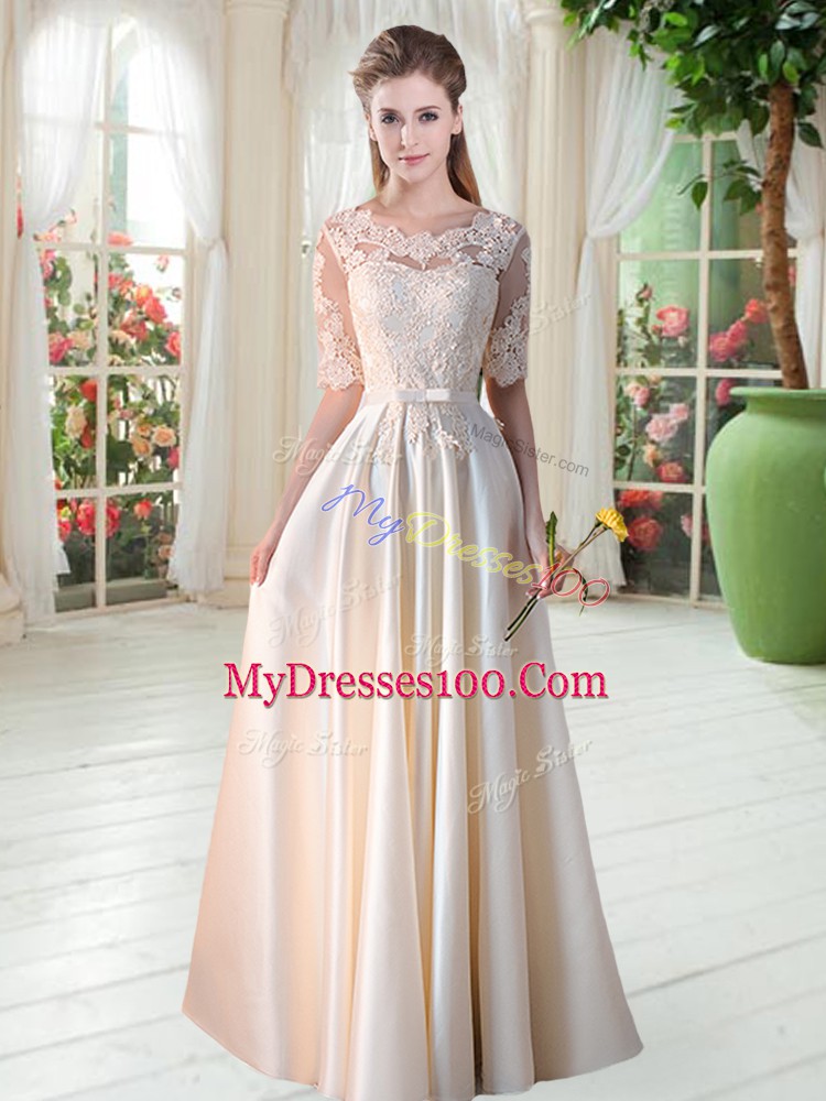 Scalloped Half Sleeves Satin Prom Evening Gown Lace Lace Up