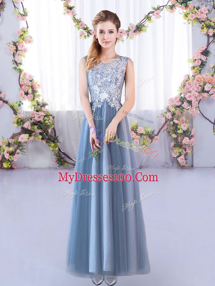 Blue Lace Up Bridesmaids Dress Lace Sleeveless Floor Length