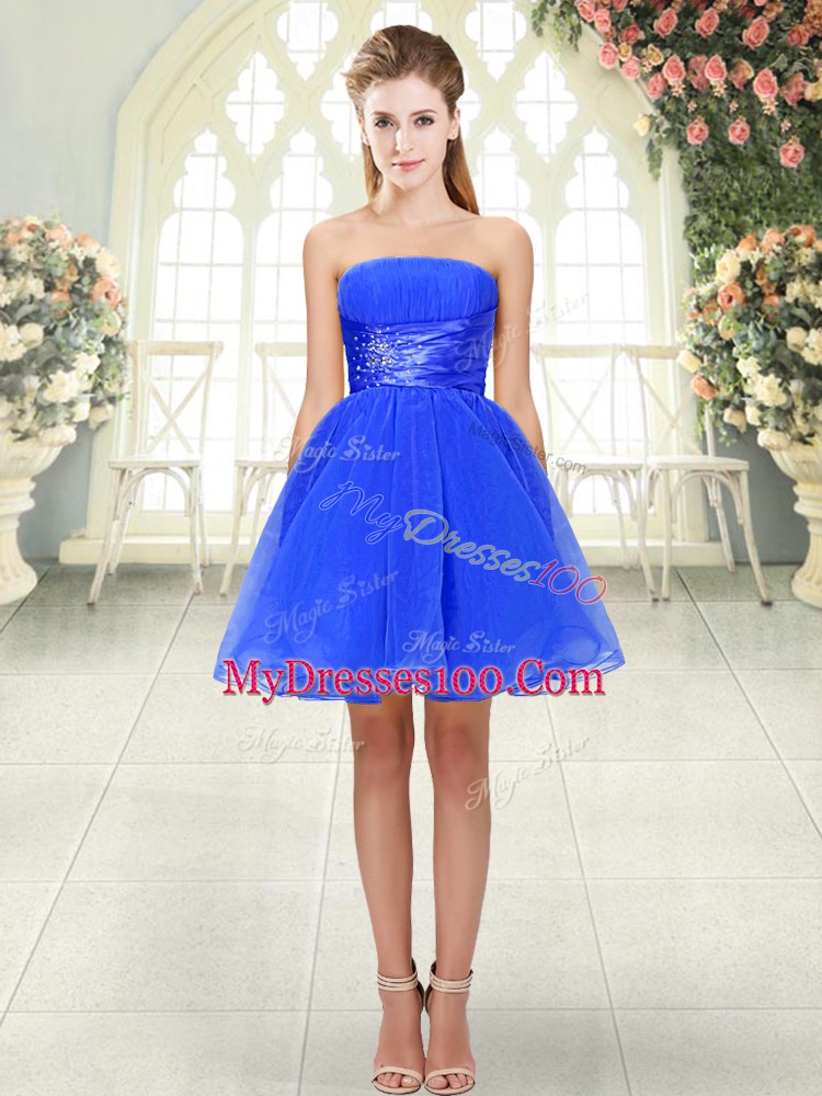 Sweet Organza Strapless Sleeveless Lace Up Beading Dress for Prom in Blue