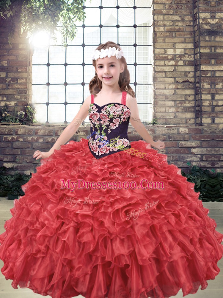 Custom Designed Sleeveless Organza Floor Length Lace Up Pageant Dress for Teens in Red with Embroidery and Ruffles
