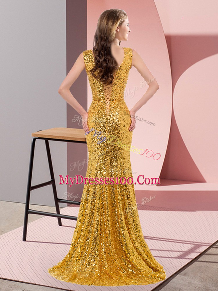 Royal Blue Mermaid V-neck Sleeveless Sequined Sweep Train Lace Up Beading Prom Evening Gown