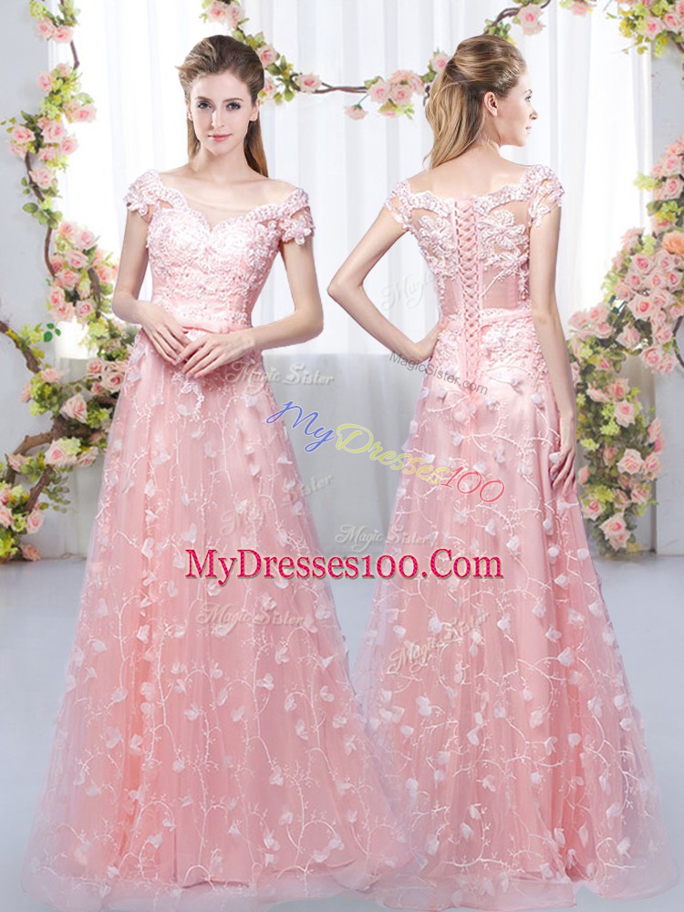 Decent Pink Cap Sleeves Appliques Floor Length Bridesmaids Dress