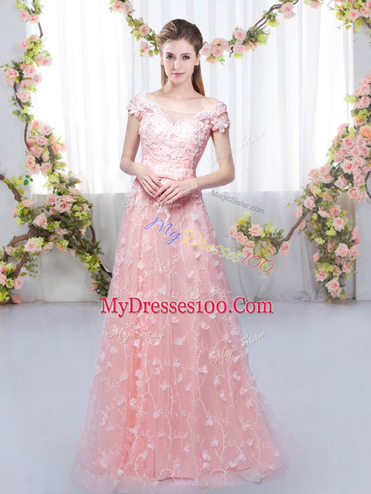 Decent Pink Cap Sleeves Appliques Floor Length Bridesmaids Dress