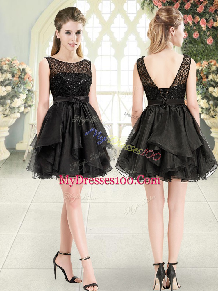 Lovely Mini Length Black Evening Dresses Scoop Sleeveless Lace Up
