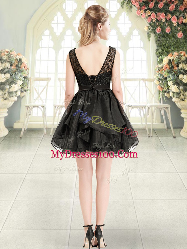 Lovely Mini Length Black Evening Dresses Scoop Sleeveless Lace Up