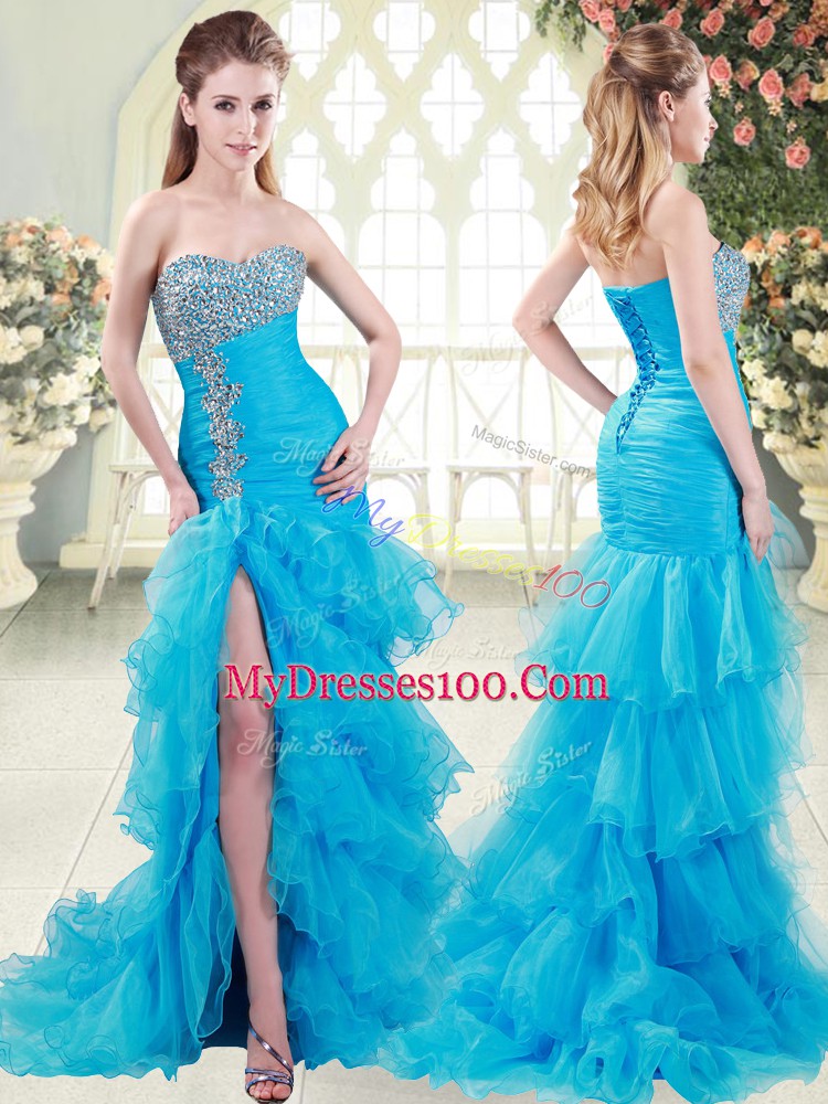 Artistic Sleeveless Brush Train Lace Up Beading and Ruffled Layers Evening Dress