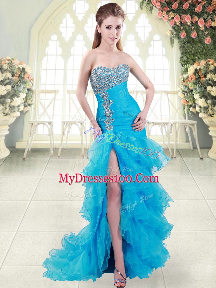 Artistic Sleeveless Brush Train Lace Up Beading and Ruffled Layers Evening Dress
