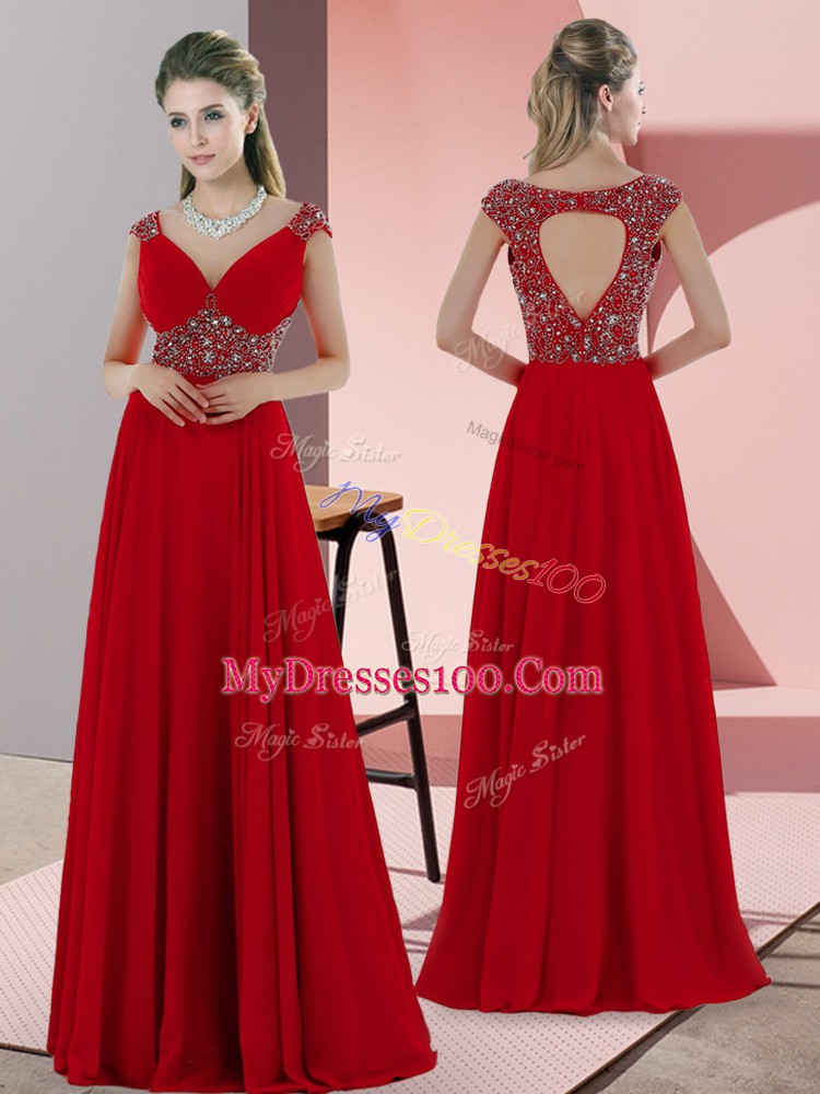 Captivating Red Empire Sweetheart Sleeveless Satin Sweep Train Lace Up Beading Juniors Evening Dress