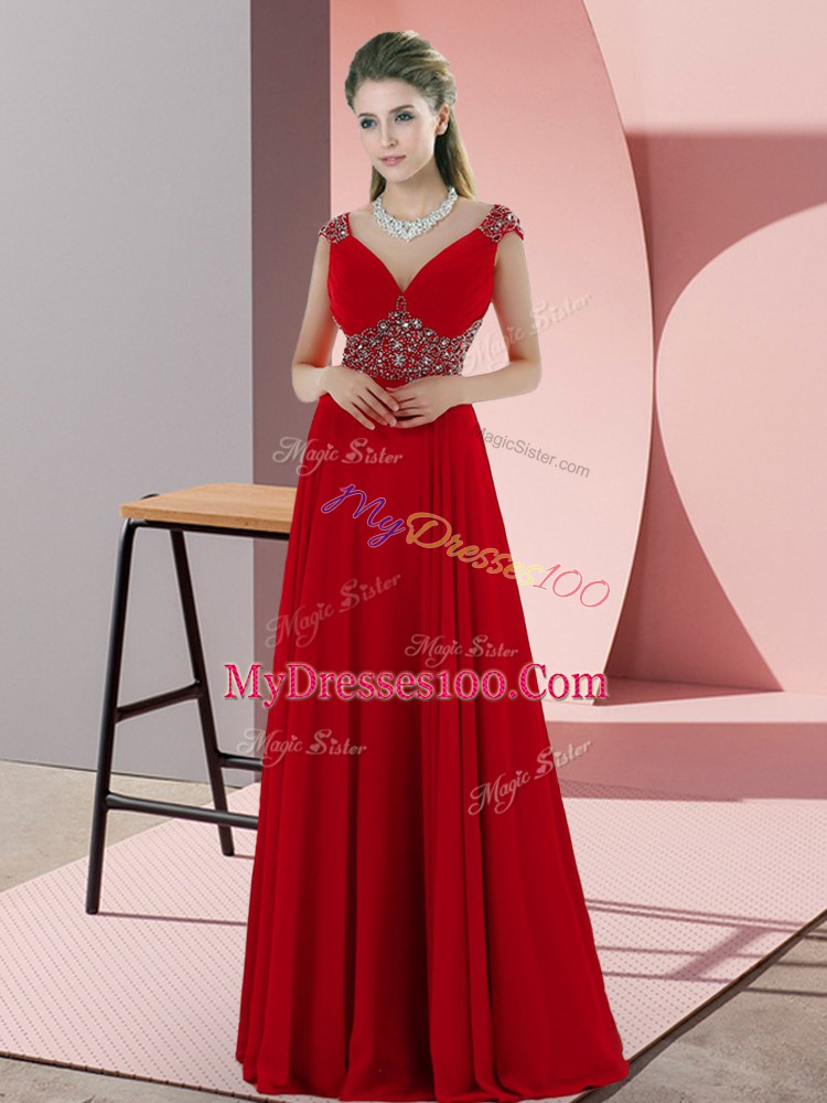 Captivating Red Empire Sweetheart Sleeveless Satin Sweep Train Lace Up Beading Juniors Evening Dress