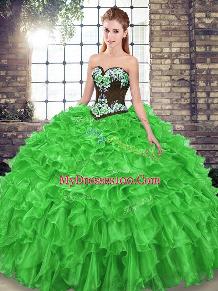 Sweet Ball Gowns Embroidery and Ruffles Quinceanera Dress Lace Up Organza Sleeveless