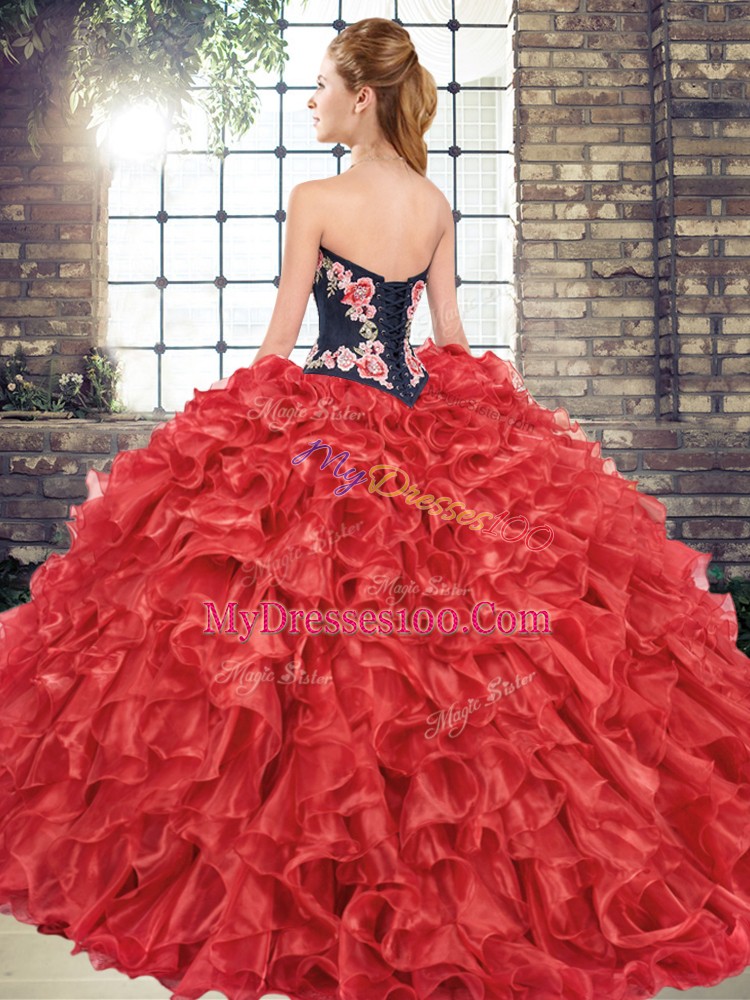 Sweet Ball Gowns Embroidery and Ruffles Quinceanera Dress Lace Up Organza Sleeveless
