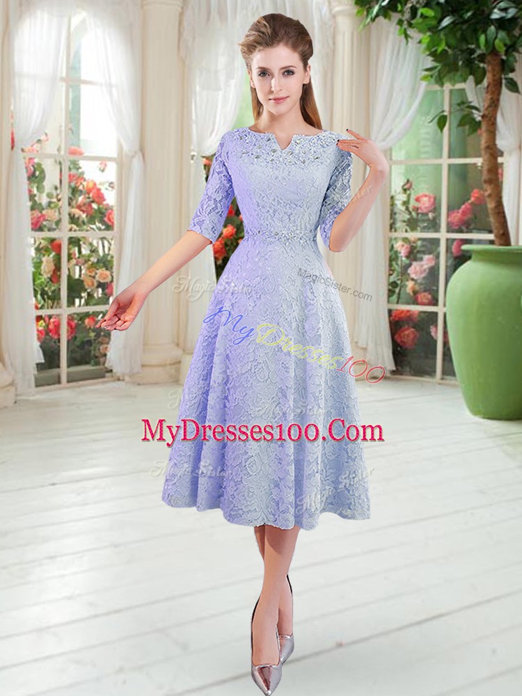 Decent Tea Length Zipper Prom Dresses Blue for Prom and Party with Lace