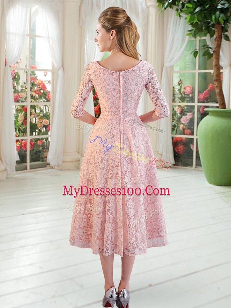 Decent Tea Length Zipper Prom Dresses Blue for Prom and Party with Lace