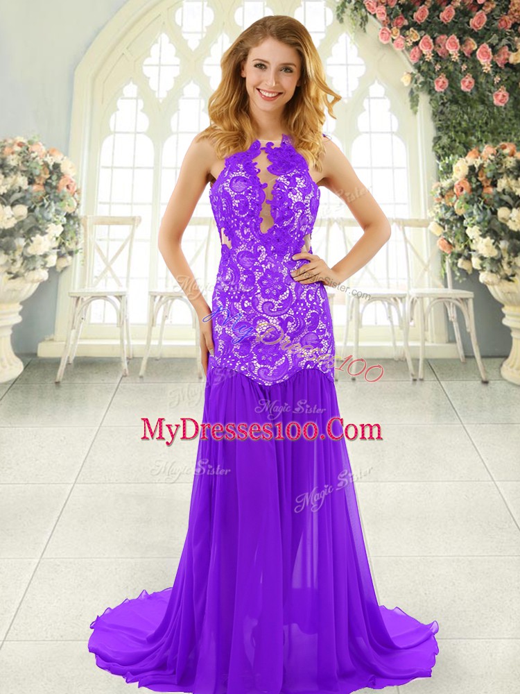 Lavender Scoop Neckline Lace Sleeveless Backless