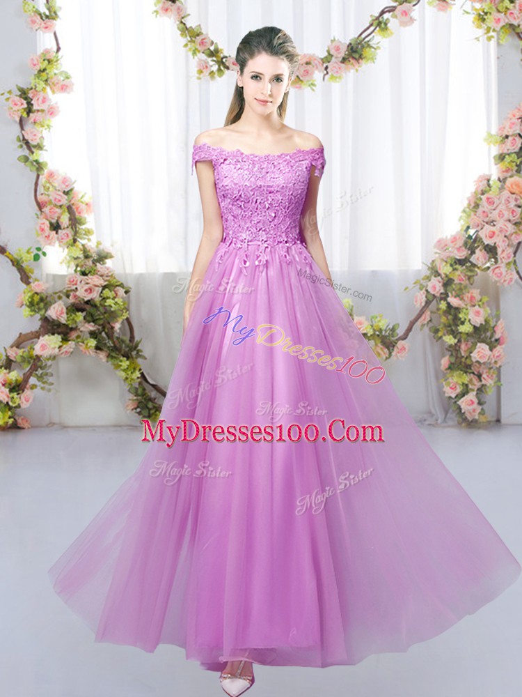 Amazing Lilac Tulle Lace Up Vestidos de Damas Sleeveless Floor Length Lace