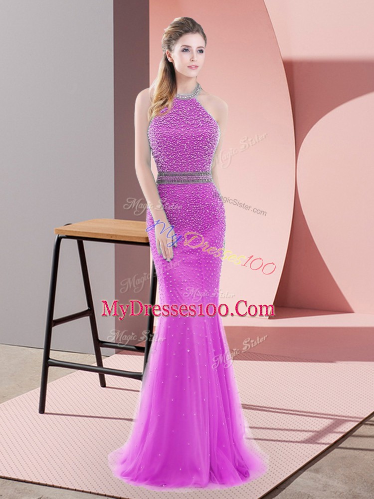 Sleeveless Brush Train Backless Beading Prom Dresses