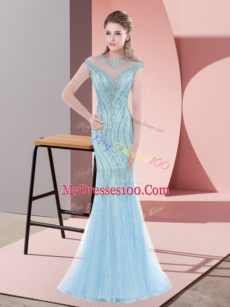 Baby Blue Mermaid Scoop Cap Sleeves Tulle Sweep Train Zipper Beading Prom Gown