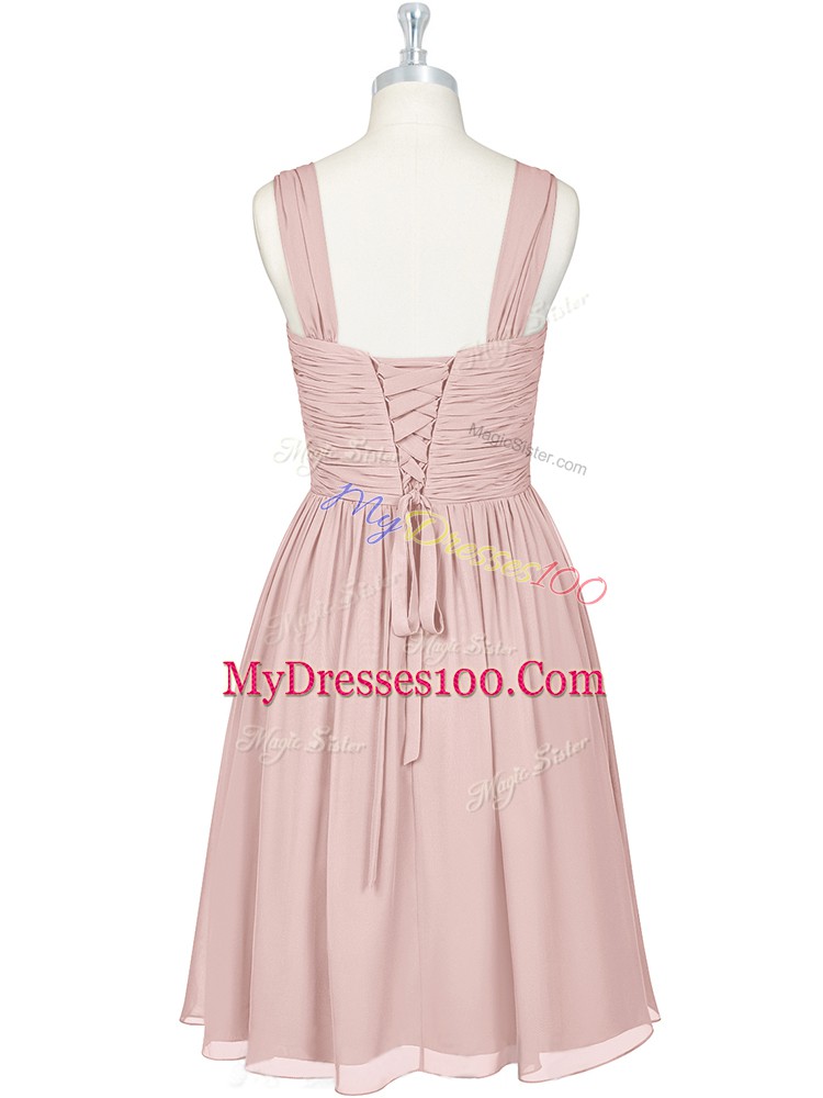Affordable Pink Straps Lace Up Ruching Evening Dress Sleeveless