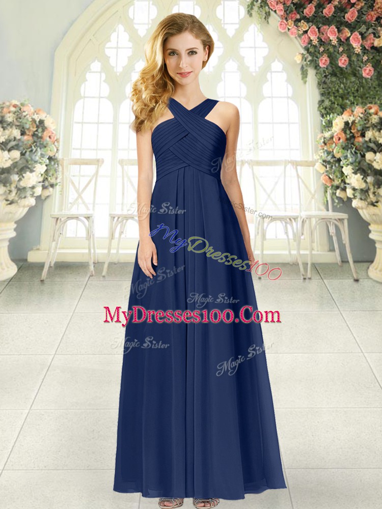 Custom Designed Sleeveless Floor Length Ruching Zipper Prom Dresses with Navy Blue