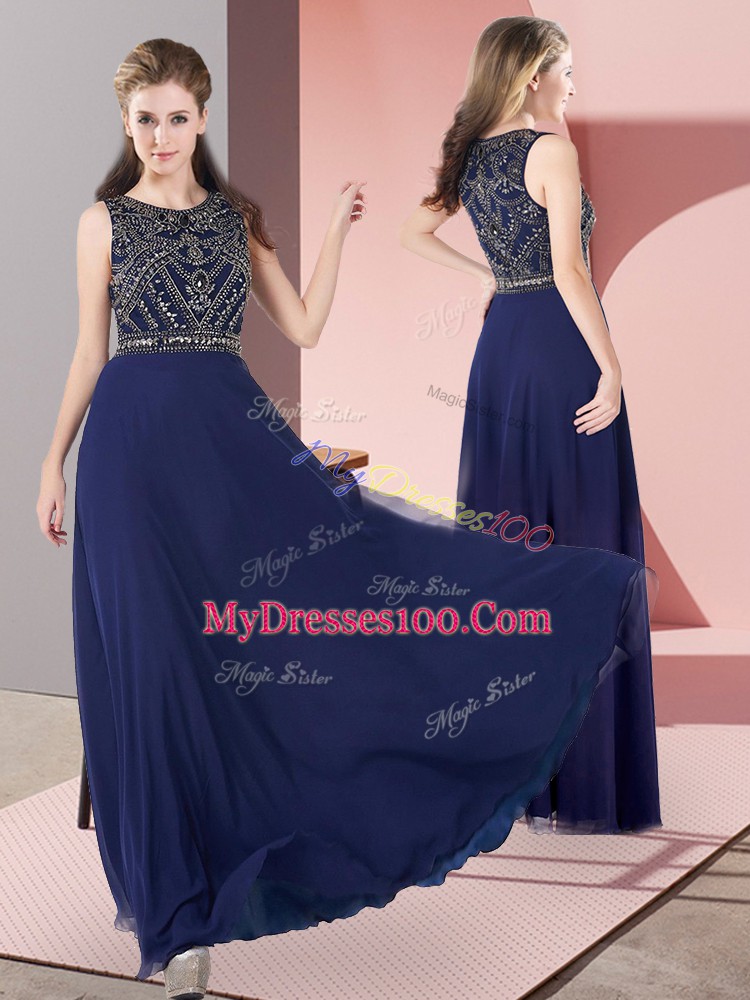 Custom Fit Sleeveless Chiffon Floor Length Zipper in Navy Blue with Beading