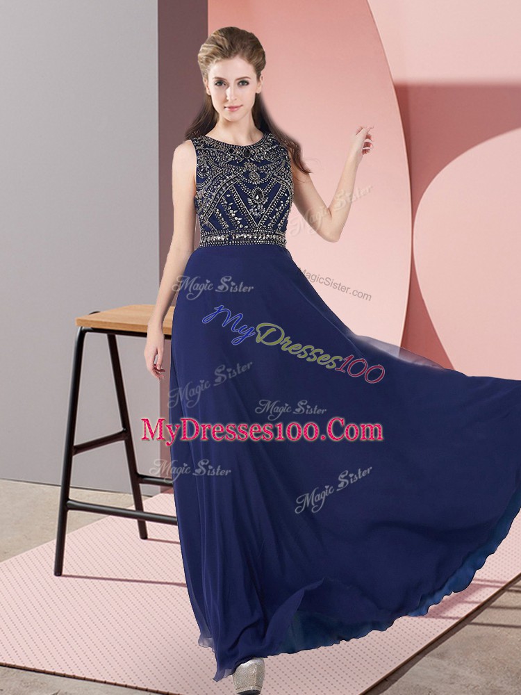 Custom Fit Sleeveless Chiffon Floor Length Zipper in Navy Blue with Beading