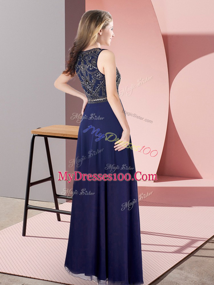 Custom Fit Sleeveless Chiffon Floor Length Zipper in Navy Blue with Beading