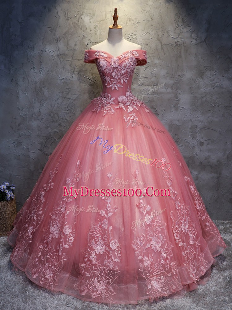Watermelon Red Ball Gowns Off The Shoulder Sleeveless Tulle Floor Length Lace Up Appliques Quinceanera Gown