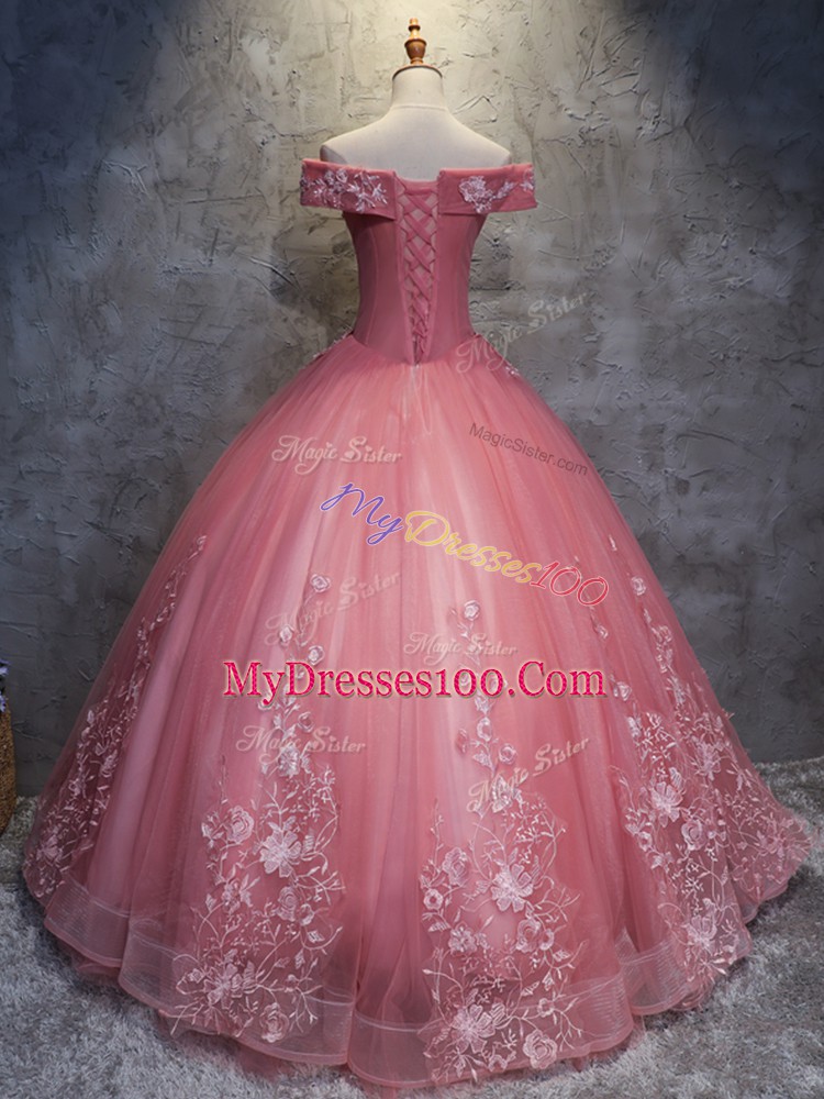 Watermelon Red Ball Gowns Off The Shoulder Sleeveless Tulle Floor Length Lace Up Appliques Quinceanera Gown