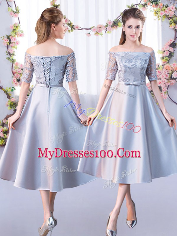Fashionable Half Sleeves Satin Tea Length Lace Up Bridesmaid Dress in Silver with Lace