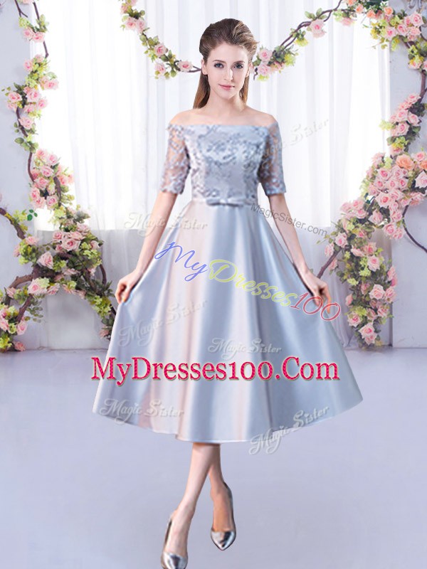 Fashionable Half Sleeves Satin Tea Length Lace Up Bridesmaid Dress in Silver with Lace