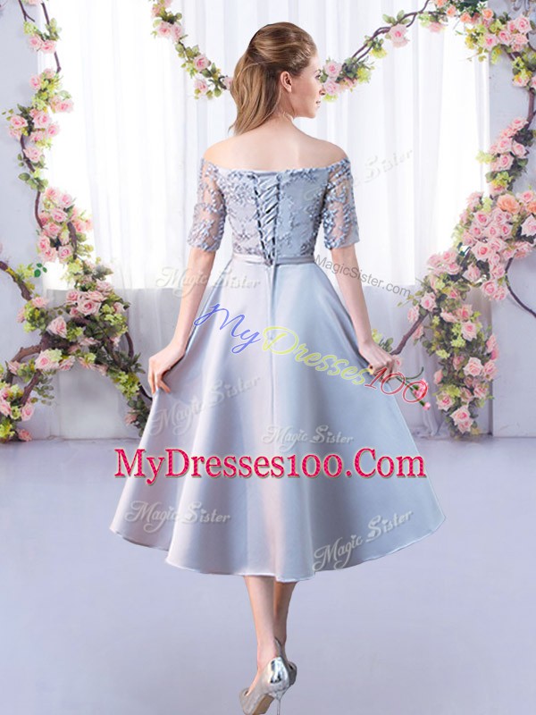 Fashionable Half Sleeves Satin Tea Length Lace Up Bridesmaid Dress in Silver with Lace