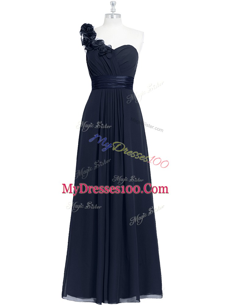 A-line Dress for Prom Black One Shoulder Chiffon Sleeveless Floor Length Zipper
