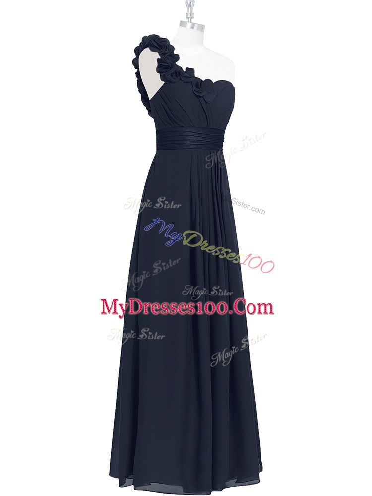 A-line Dress for Prom Black One Shoulder Chiffon Sleeveless Floor Length Zipper
