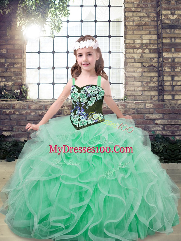 Straps Sleeveless High School Pageant Dress Floor Length Embroidery and Ruffles Apple Green Tulle