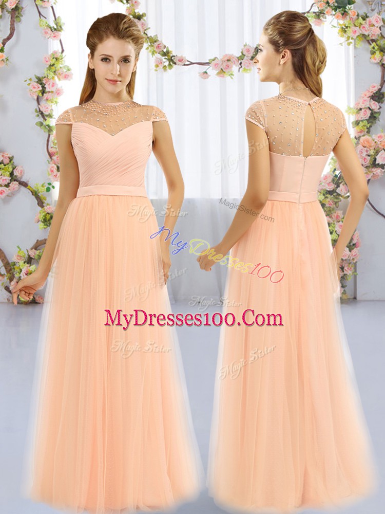 Floor Length Peach Quinceanera Court of Honor Dress Tulle Cap Sleeves Beading