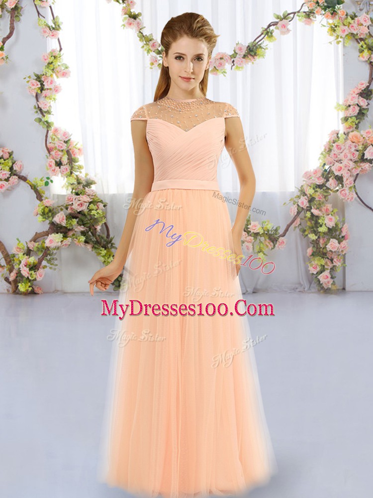 Floor Length Peach Quinceanera Court of Honor Dress Tulle Cap Sleeves Beading