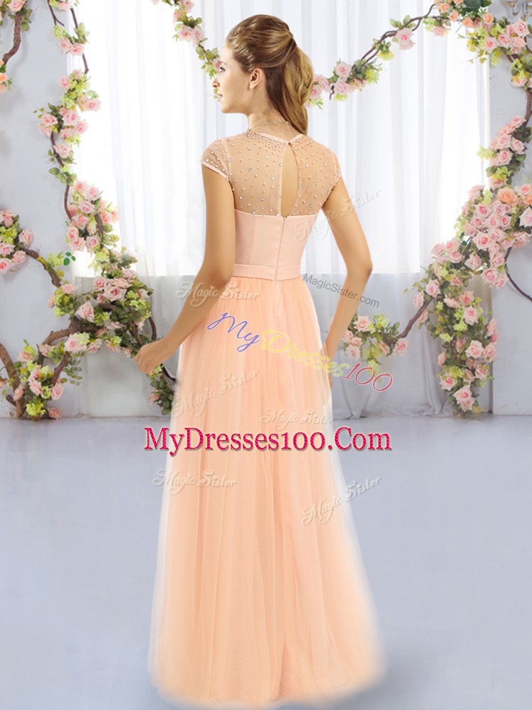 Floor Length Peach Quinceanera Court of Honor Dress Tulle Cap Sleeves Beading