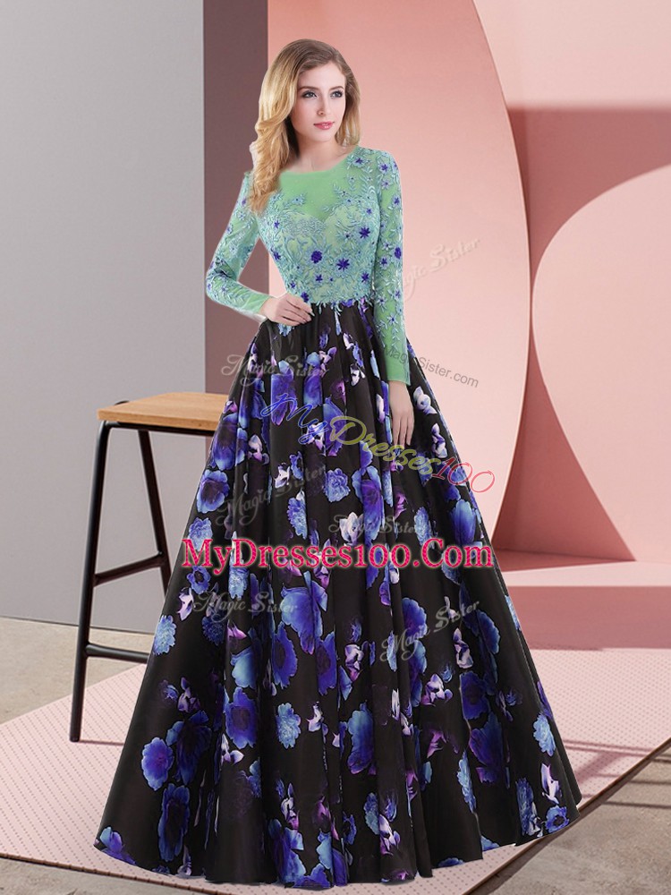 Comfortable Scoop Long Sleeves Printed Prom Party Dress Appliques Sweep Train Lace Up